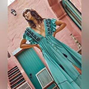 Free People Bali Will Wait For You Beach Comber Green Midi Dress Boho NWT S